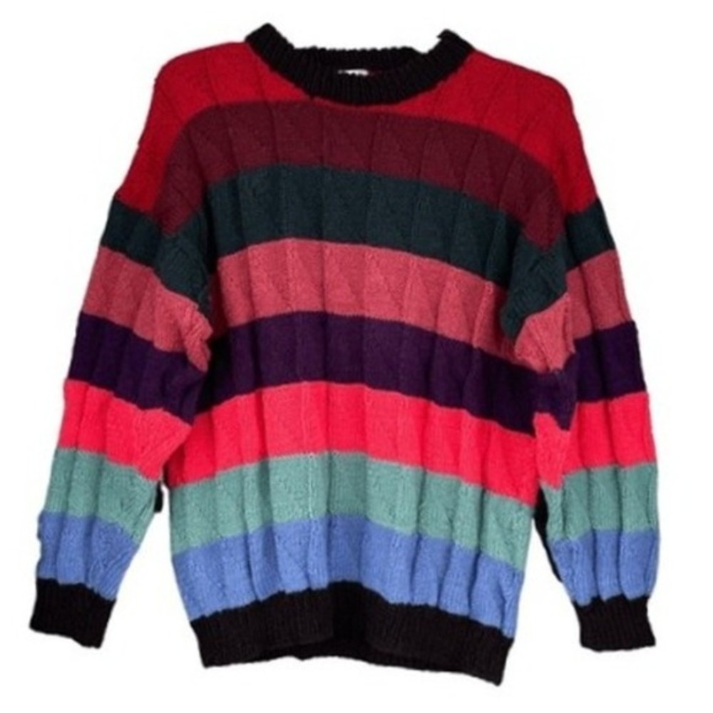 T6 VTG Handmade 80s‎ 90s Striped Lambswool Sweater Retro Knit Pullover Women